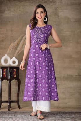 bandhani cotton round neck women's festive wear kurta - purple
