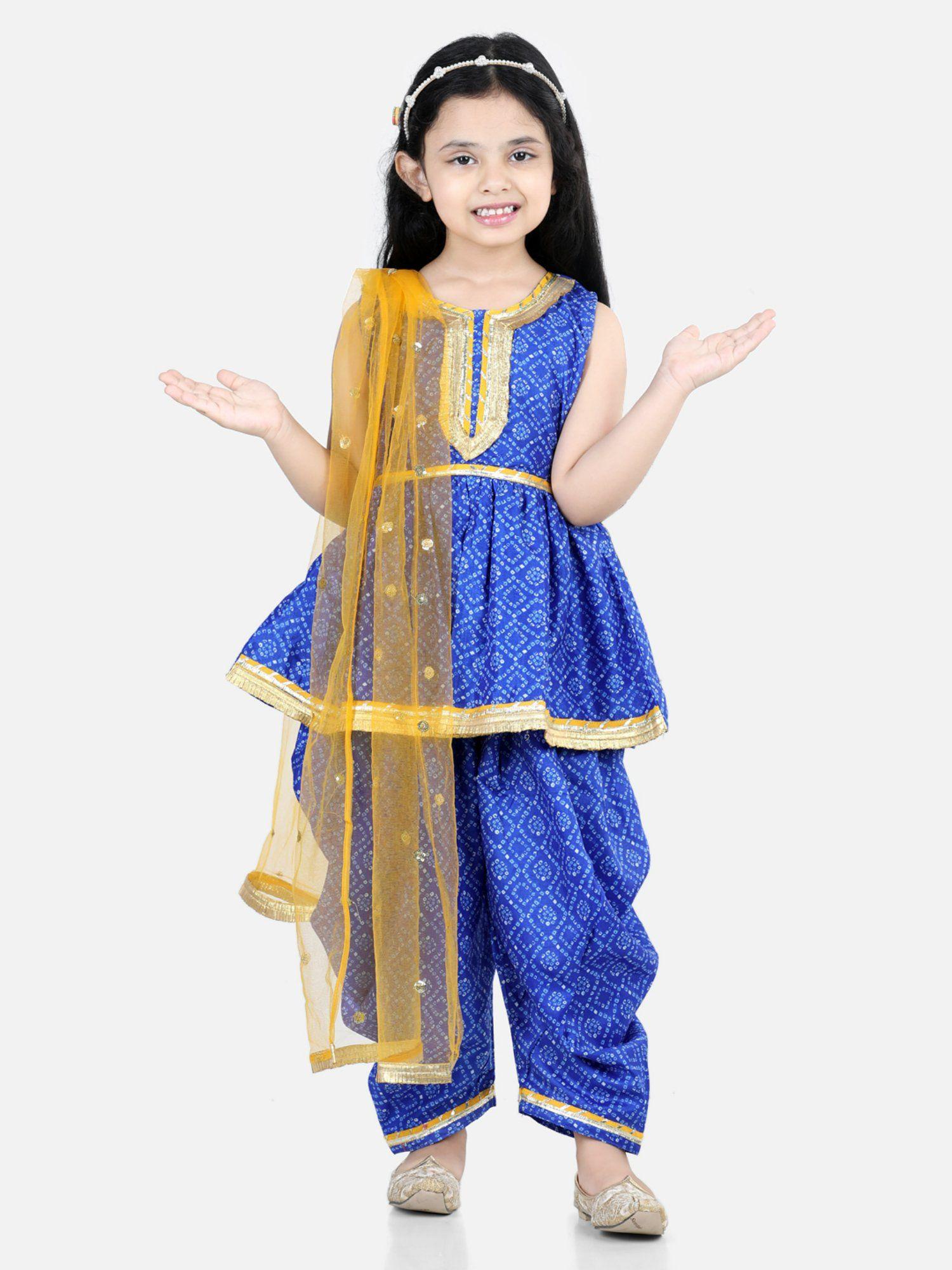 bandhani silk blend peplum style kurti dhoti dupatta for girls-blue (set of 3)