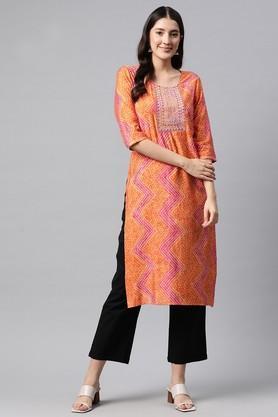 bandhani silk round neck women's kurti - orange