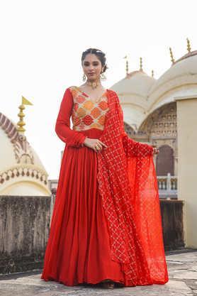 bandhani v-neck silk women's gown - orange