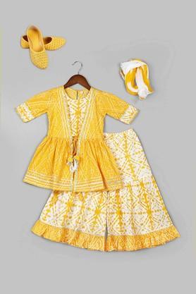 bandhani cotton regular fit girls kurta sharara dupatta set - yellow