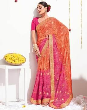 bandhani design lace work saree with blouse piece