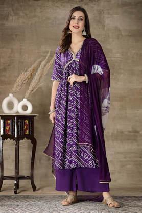 bandhani full length rayon women's kurta set - violet