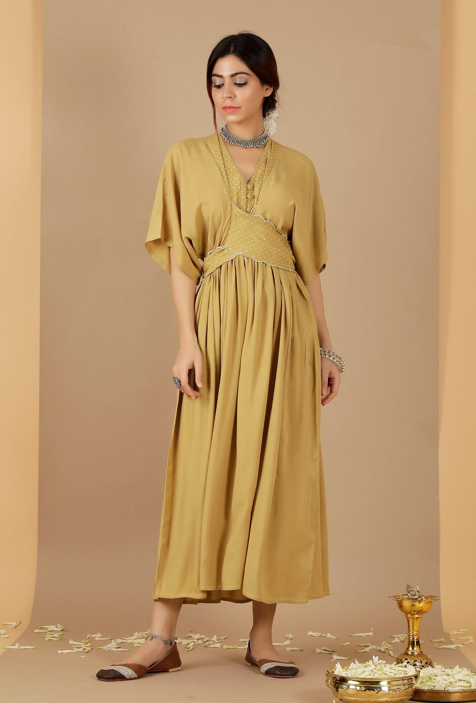 bandhani gathered & flared dress with attached belt