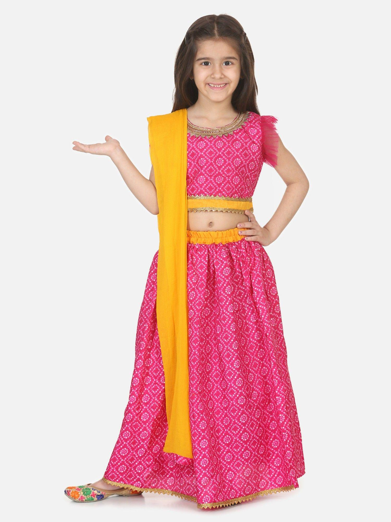 bandhani net pleated sleeves lehenga- pink (set of 3)