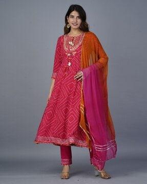 bandhani print anarkali kurta set with dupatta