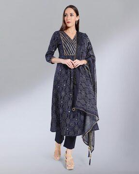 bandhani print anarkali kurta with pant & dupatta set