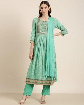 bandhani print anarkali kurta with pants & dupatta