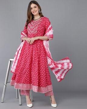 bandhani print anarkali kurta with pants & dupatta