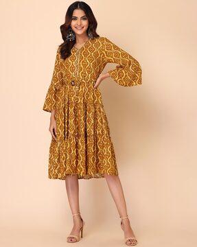 bandhani print belted tiered dress