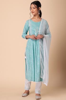 bandhani print cotton kurta with pants and chiffon dupatta (set of 3) - blue