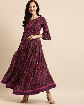 bandhani print fit & flare dress with bell sleeves