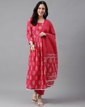 bandhani print flared kurta set with dupatta