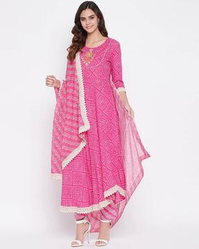 bandhani print flared kurta set