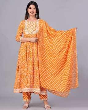 bandhani print flared kurta with pants & dupatta