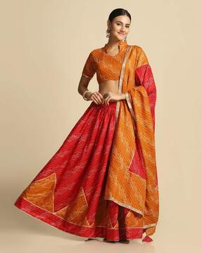 bandhani print flared lehenga choli set with dupatta