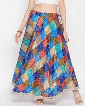 bandhani print flared skirt with drawstring waist