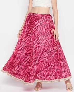 bandhani print flared skirt with drawstring waist