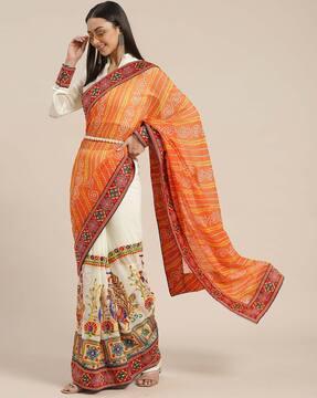 bandhani print half & half saree with lace border