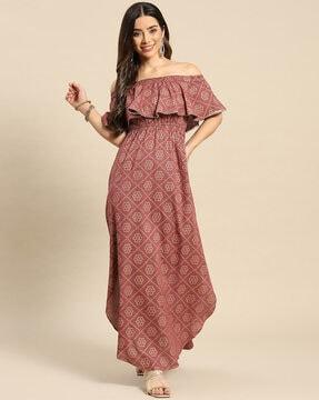 bandhani print off-shoulder dress