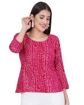 bandhani print relaxed fit top with round neck