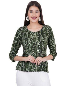 bandhani print relaxed fit top with round neck