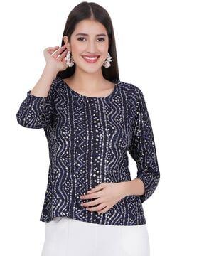 bandhani print relaxed fit top with round neck