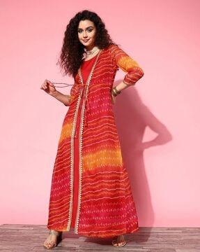 bandhani print round-neck fit & flare dress