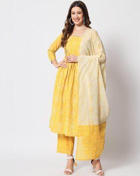 bandhani print round-neck flared kurta set