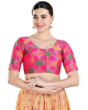 bandhani print round-neck front open blouse