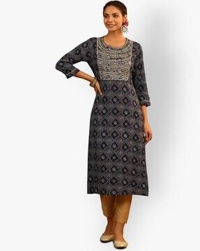 bandhani print round-neck straight kurta