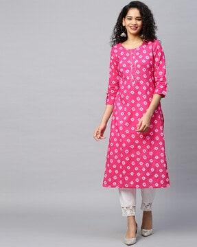 bandhani print round-neck straight kurta