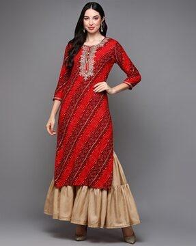 bandhani print round-neck straight kurta