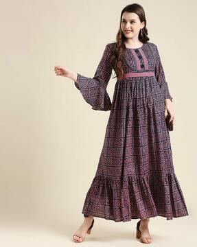 bandhani print round-neck tiered dress