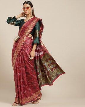 bandhani print saree with contrast pallu