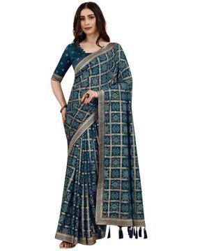 bandhani print saree with tassels