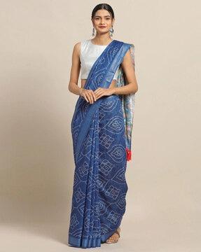 bandhani print saree with tassels