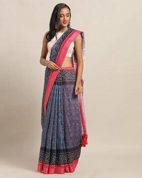 bandhani print saree with tassels