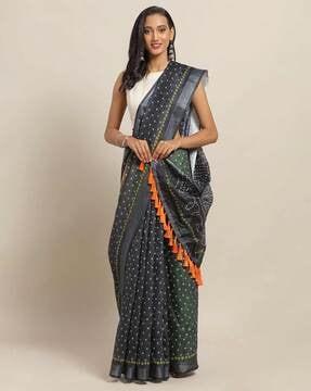 bandhani print saree with tassels