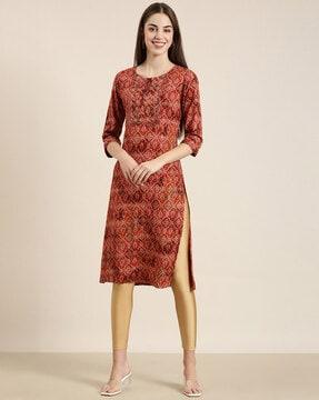 bandhani print straight kurta with neck tie-up