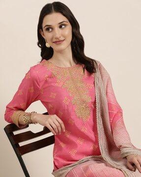 bandhani print straight kurta with pants & dupatta