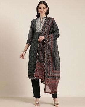 bandhani print straight kurta with pants & dupatta