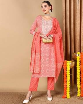 bandhani print straight kurta with pants & dupatta