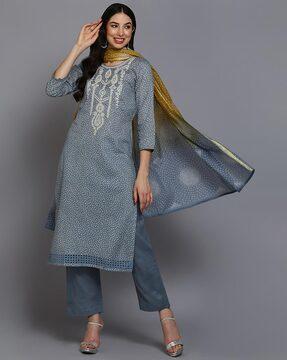 bandhani print straight kurta with pants & dupatta