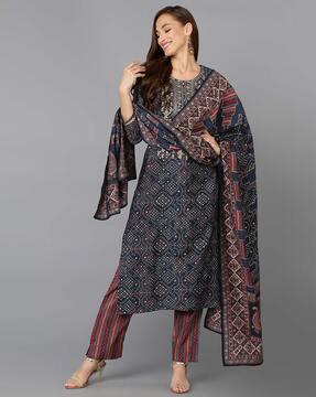 bandhani print straight kurta with pants & dupatta