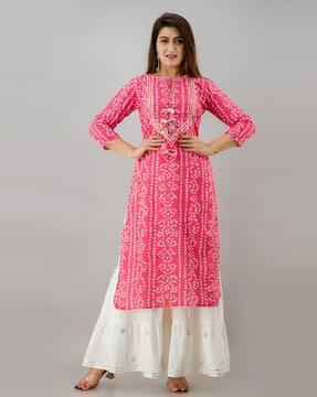 bandhani print straight kurta with sharara pants set