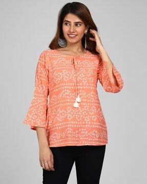 bandhani print top with bell sleeves