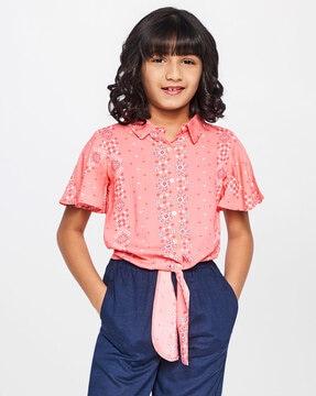 bandhani print top with front tie-up