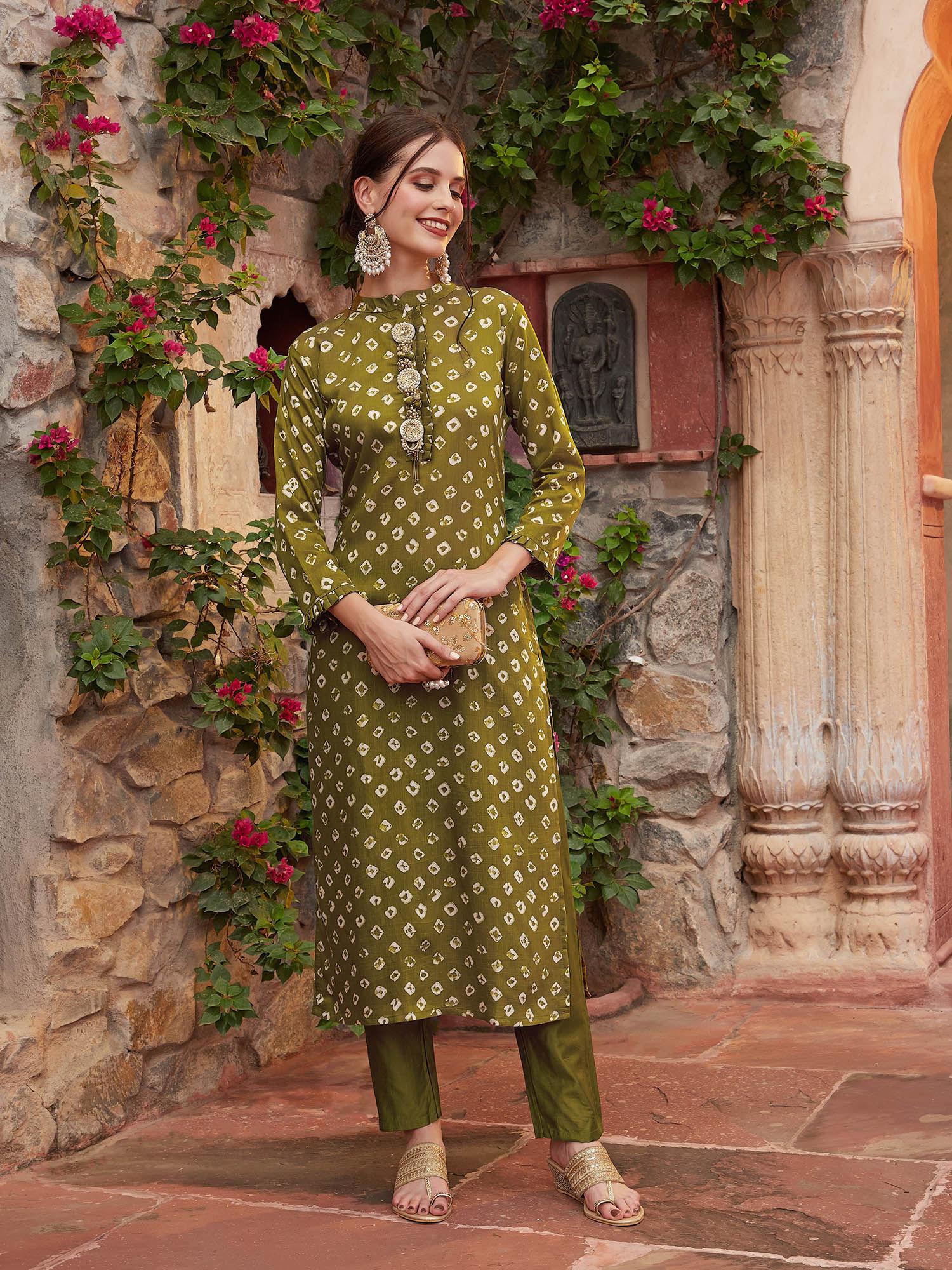 bandhani printed kurta with pant-olive green (set of 2)