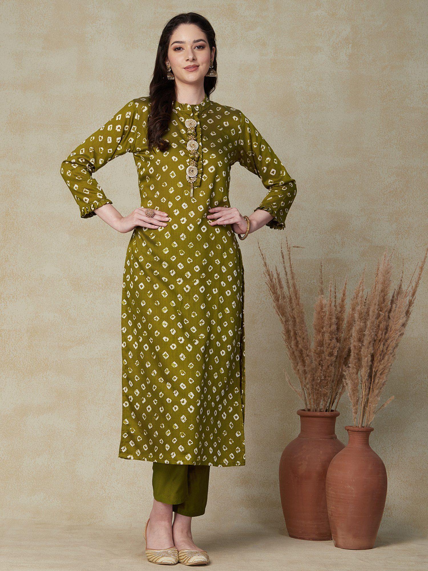 bandhani printed kurta with pants - olive green (set of 2)